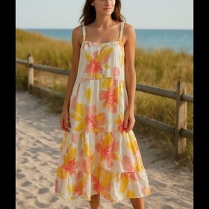 Free People XS Sundress Floral Print Tiered‎ Ruffle Straps White Yellow Pink